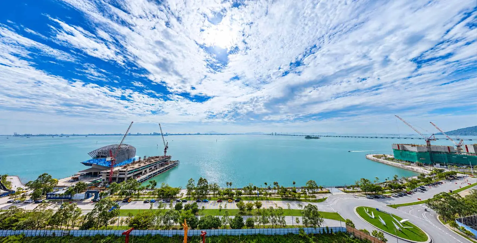 Drone photo over the site at 200 feet, looking across the strait