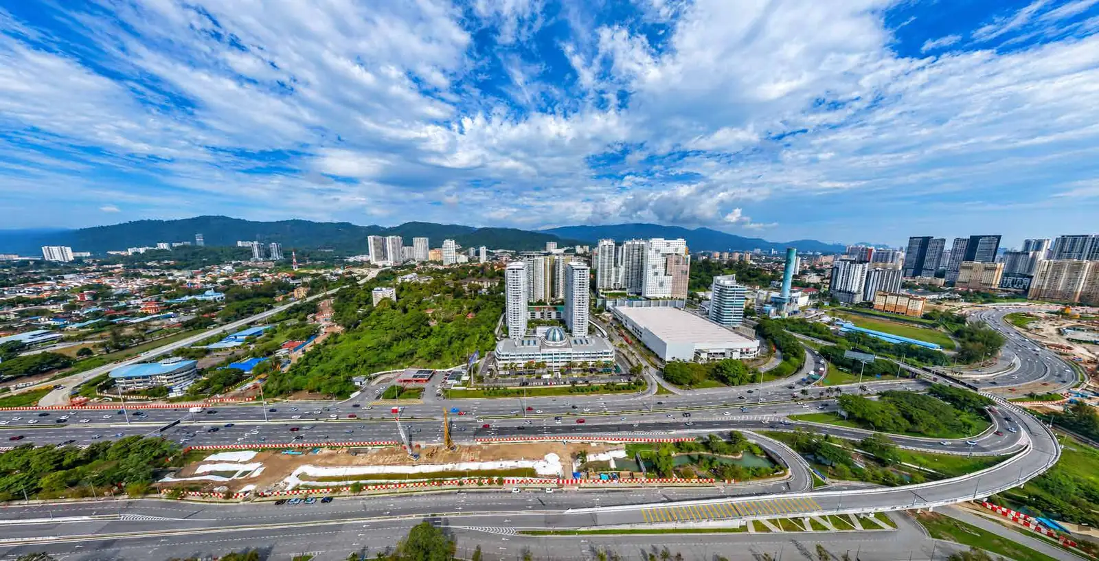 Drone photo over the site at 400 feet facing northwest, towards George Town and the hills